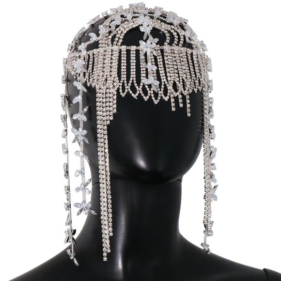 Crystal Tassel Head Chain Jewelry Women Rhinestone Flapper Cap Bridal Headpiece - Picture 2 of 5